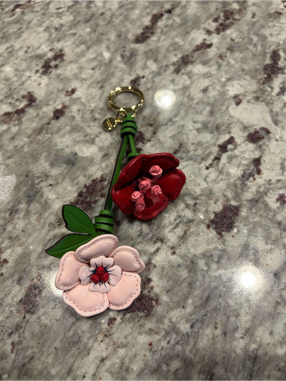 kate spade Pink & Red Floral Charm /Keychain with Green Leaves - NWOT